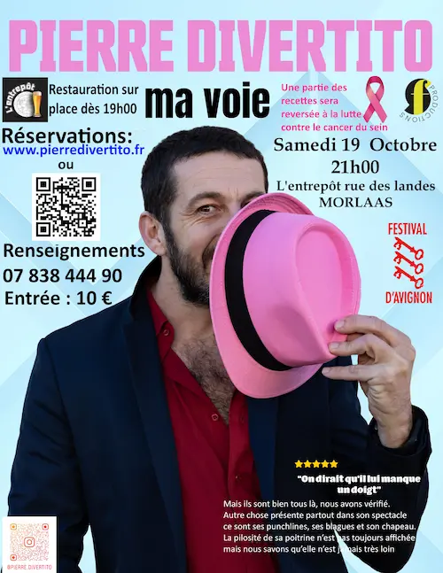 Ma Voie le One Man Show de Pierre Divertito à Morlaas et une partie des recettes pour Octobre rose